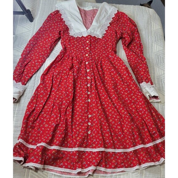 Vintage 70s Cinderella Red Floral Prairie Dress Lace Trim Size 14 Made in USA - Picture 5 of 12